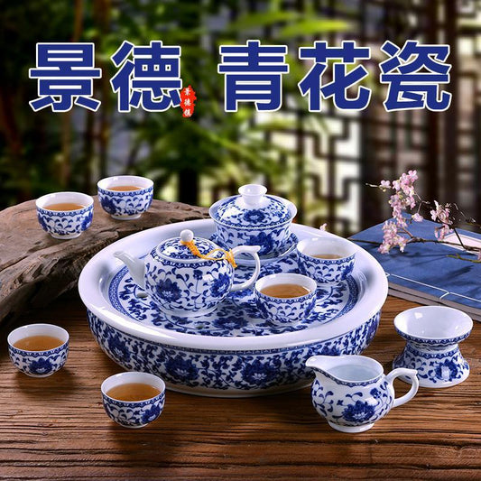 Jingdezhen household Kung Fu tea set high-end Chinese blue and white porcelain 12pcs