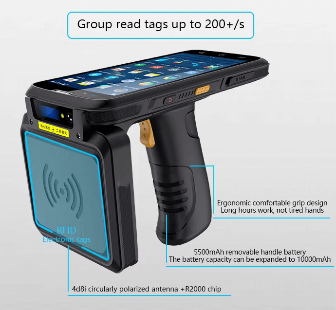Leeshion factory industry handheld uhf rfid reader LSHC720S with 10000mAh battery