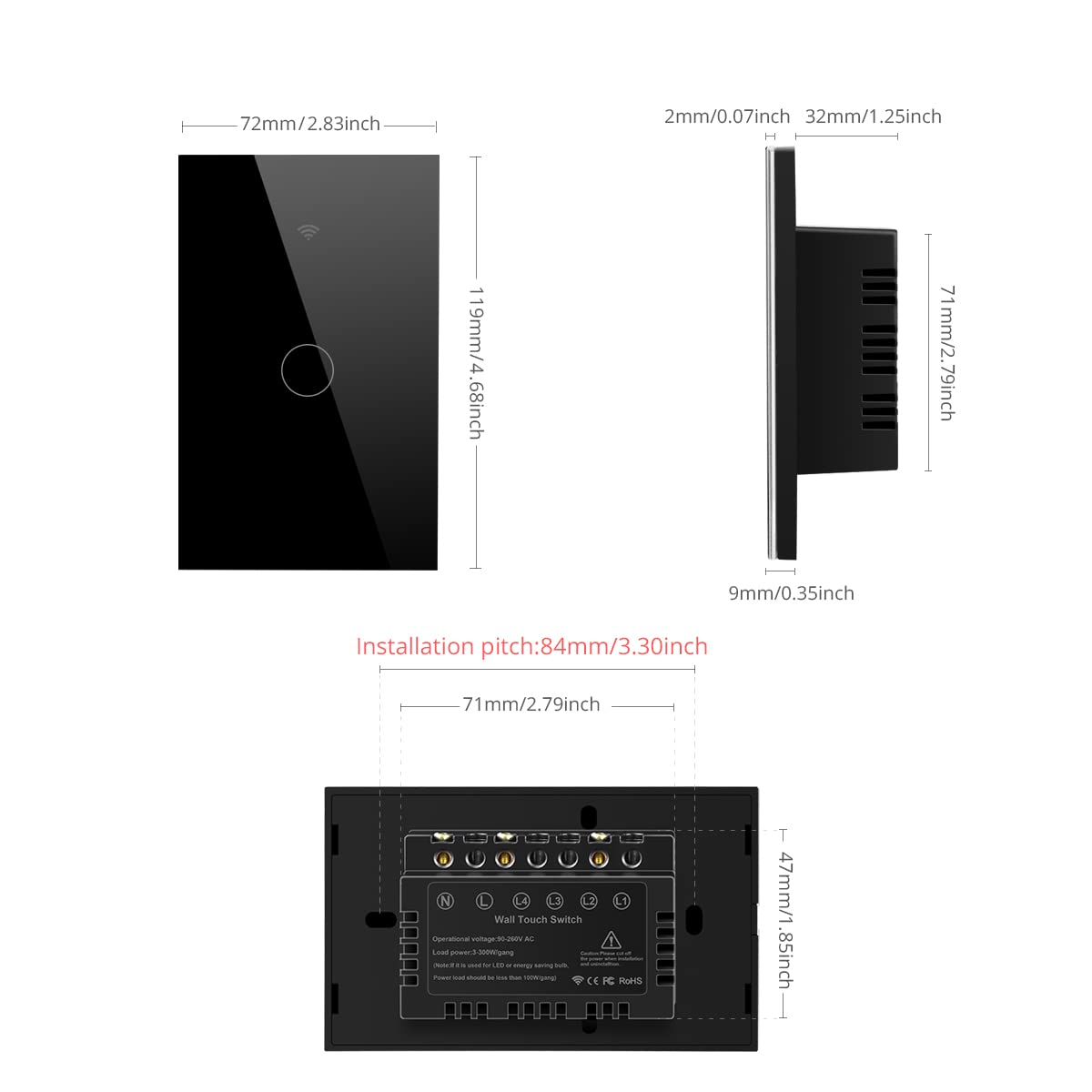 2.4GHz WiFi Wall Touch Smart Switch 1/2/3/4 Gang, US standard